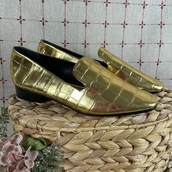 SCHUTZ “Flor” Metallic Gold Leather Crocodile Embossed Loafer Flats Size 6 New - Picture 2 of 8